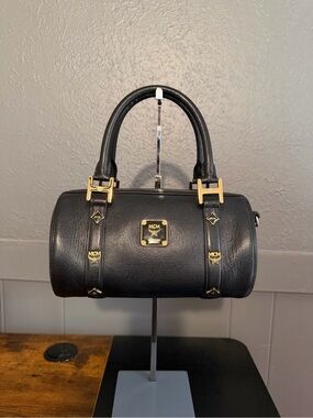 MCM Black Leather Mini Barrel Bag with Gold Hardware